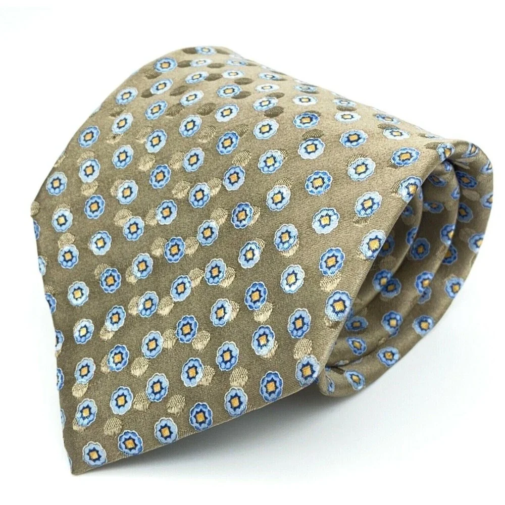 JOS A BANK Tie Grayish Beige Blue Yellow Floral 100% Silk Hand-sewn Necktie 59